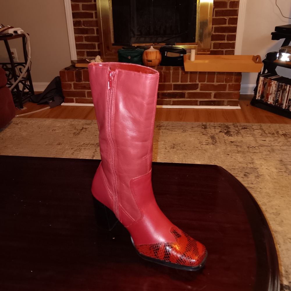 Chic Red Heeled Boots with Snakeskin Detail